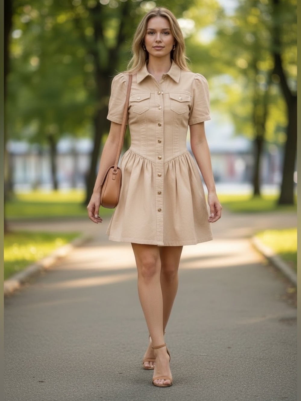 195 • Sand Beige Corseted Cotton Shirt Dress